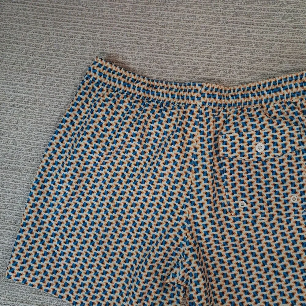 George Mens Swim Trunks L 36 38 Blue Orange Geometric Shorts Mesh Liner Quick...
